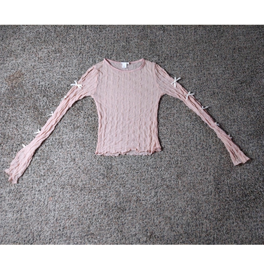Full Tilt Bow Cold Shoulder Top S Pink Womens Coquette Mesh Sheer Long Sleeve